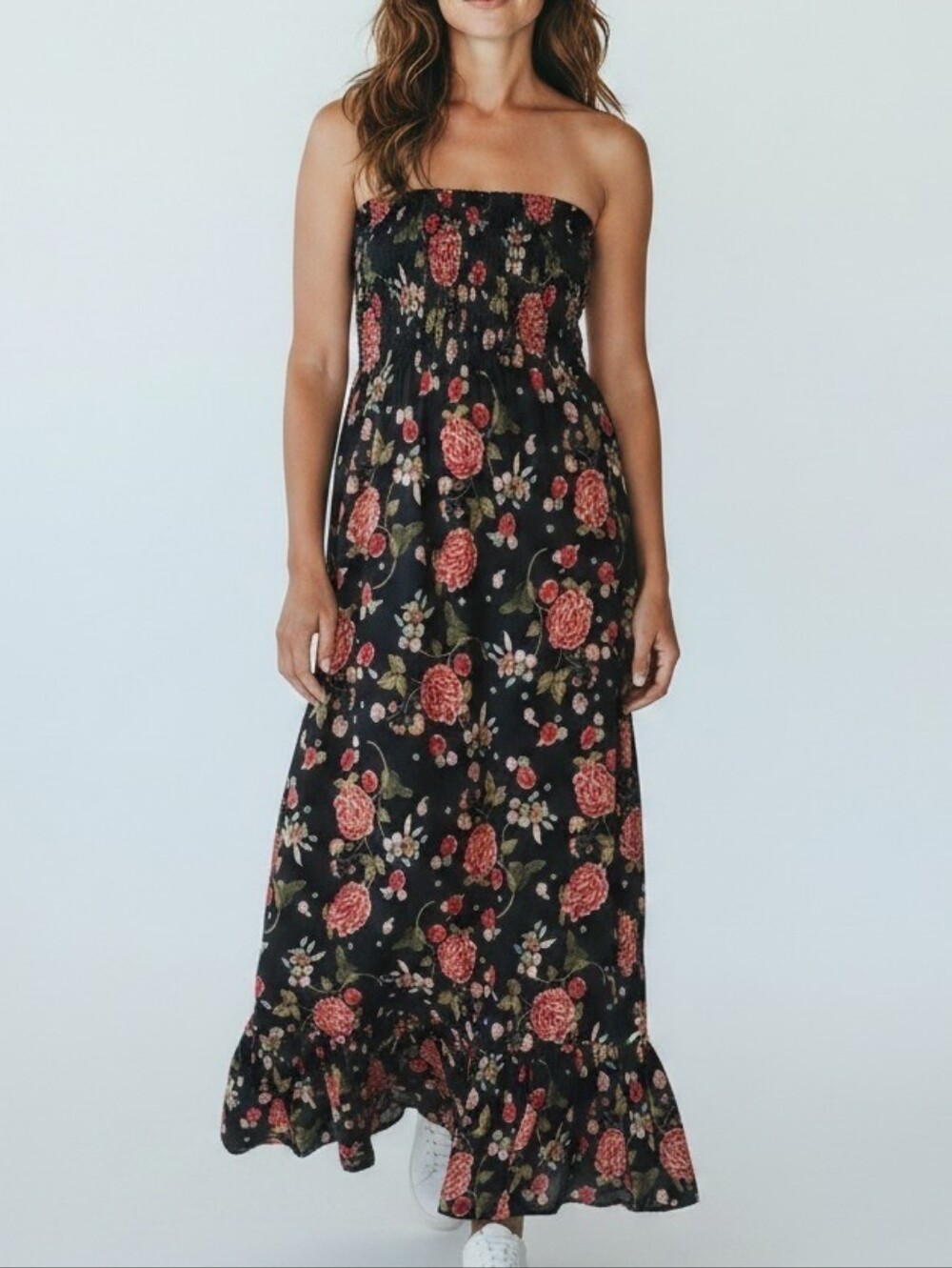 Veronica M. Strapless Maxi Dress Small Black Floral Ruffled Veacg Summer